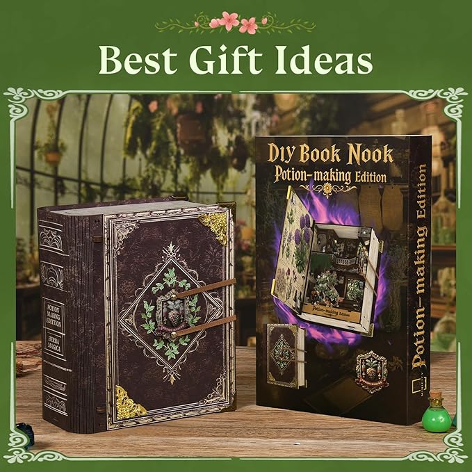 MiniCity DIY Book Nook Kit with 3D Puzzle Model Building Wooden Bookshelf Bookend Toy Halloween Christmas Birthday Gift (Potion-Making Edition)