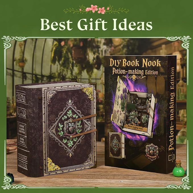 CCCDF Book Nook Kit - DIY Magic Book Miniature Dollhouse Booknook Bookshelf Decor 3D Wooden Puzzle, Gifts for Family, Friends (Potion-Making Edition)