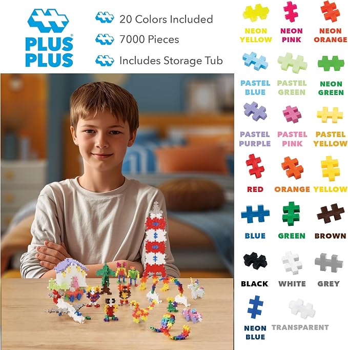 Plus Plus - Open Play Set - 7,000 Piece in Storage Tub - Basic, Neon, & Pastel Color Mix - Construction Building Stem Toy, Interlocking Mini Puzzle Blocks for Kids