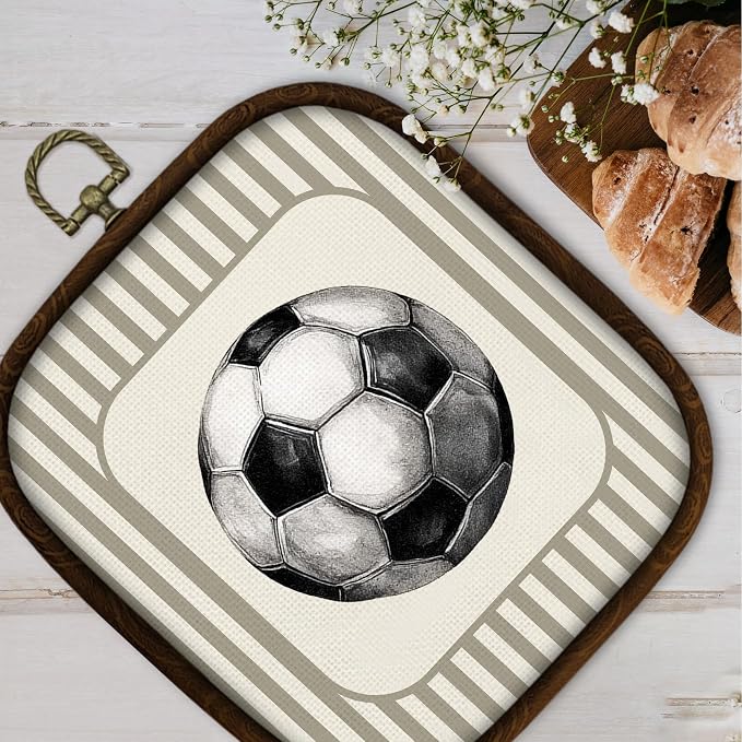 WULQYING Soccer Sports Nursery Wall Art Decor, Boys Room Square Framed Canvas Art Prints, Neutral Striped Sport Lover Gift Wall Hanging Decor for Kids Nursery Room Playroom, 5.7x6.5 Inches