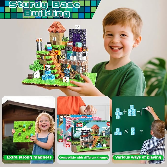 200PCS Magnetic Blocks - Magnetic Blocks with 6 Base Plate, Magnetic Building Blocks for Kids Ages 4 5 6 7 8, Stacking Magnets, Birthday Gifts for 3-8 Year Old Boy Girls