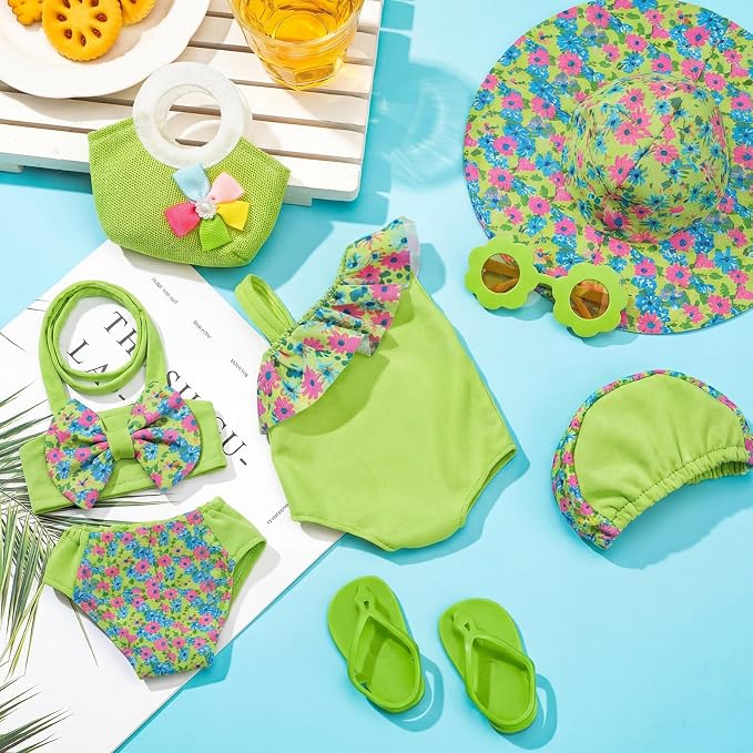 Kajaia 8 Pcs Green 18 Inch Doll Clothes and Accessories Doll Swimsuit Dress Flip Flops Hat Outfit Swimsuit Accessories