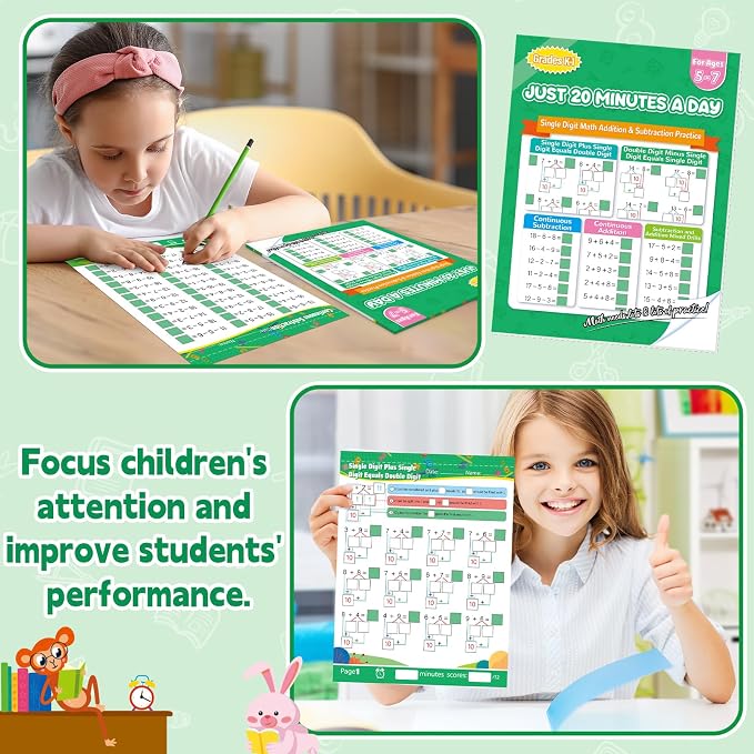 Addition and Subtraction Workbook 1st Grade Math Workbook Math Worksheets Single&Double Digit Numbers Practice Math Worksheets for Home School, 56 Pages Front and Back, 5 Question Types