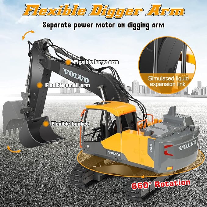 Double E Volvo 1:16 Scale Remote Control Excavator, 17 Channel 3-in-1 Construction Toy with Metal Shovel, Drill, Grab & Lights, 2.4GHz Full Function Digger for Outdoor Sandbox, Gift for Kids & Adults