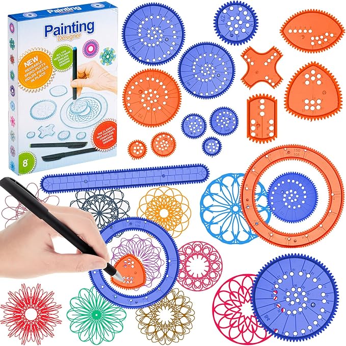 Chivao Spiral Art Kit Circle Stencils Drawing Tool Gear Geometric Ruler Circle Template Drawing Kit Plastic Spiral Curve Stencils with Pens Paper for Back to School Gifts DIY Crafts Sketch(Elegant)