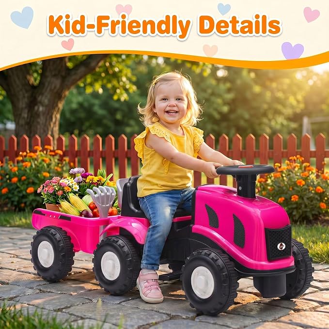 Kids Ride on Tractor, 2 in 1 Foot to Floor Push Car w/Detachable Trailer, Horn, Rake & Shovel, No Power Sliding Toy Gift for Toddlers, Outdoor Ride on Construction Vehicle (Pink)