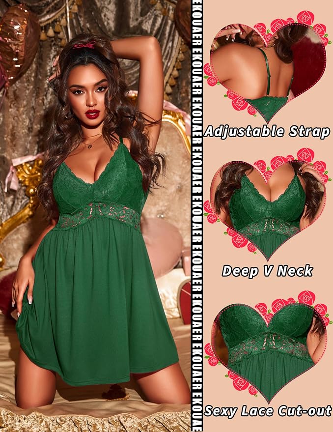 Ekouaer Lingerie for Women Sexy Nightgown Lace Trim Sleep Dress Chemise Nightgowns Sleeveless Night Gown Sleepwear S-3XL