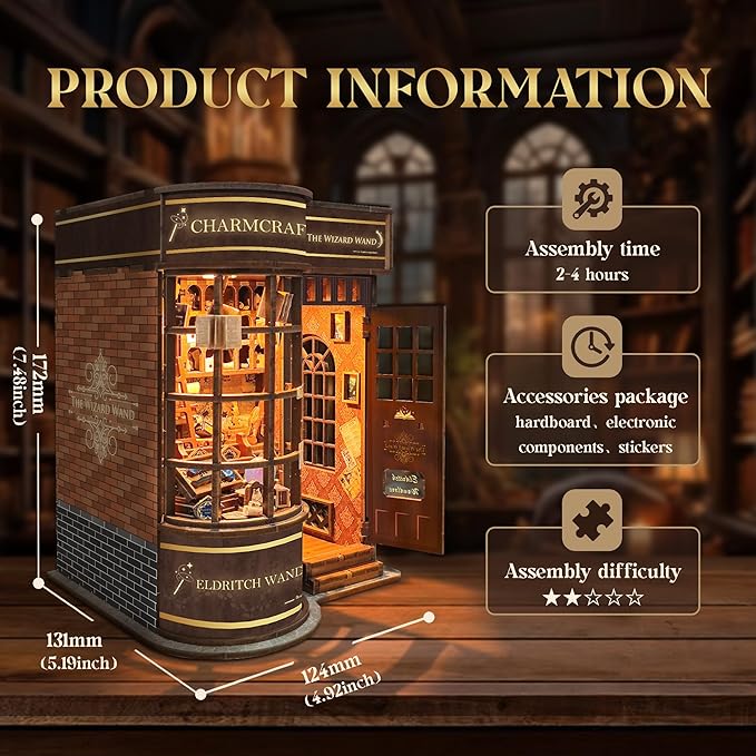 DIY Book Nook Kit,DIY Miniature Dollhouse kit,3D Wooden Puzzle Magic Bookend Bookshelf Insert Decor with Led Light,Gifts for Adults Teens and Beginners -Magic Wand Shop(SQ-51)