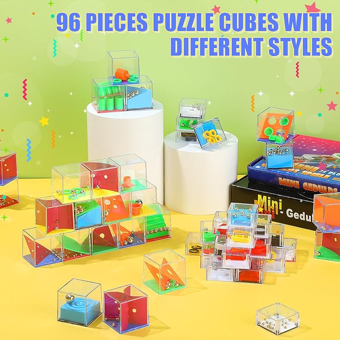 Lenwen 96 Pcs Brain Teaser Puzzle Mini Fidget Puzzle Cubes 3D Ball Maze Cube Cubes Party Favor Games Challenge Decompression(Classic Colors)