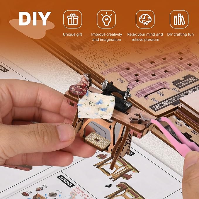 fifijoy Book Nook Kit - Sewing Room DIY Miniature House Dollhouse Kit for Adults and Teens, Booknook Tiny House Bookshelf Decor 3D Wooden Puzzle, Gifts for Family and Friends