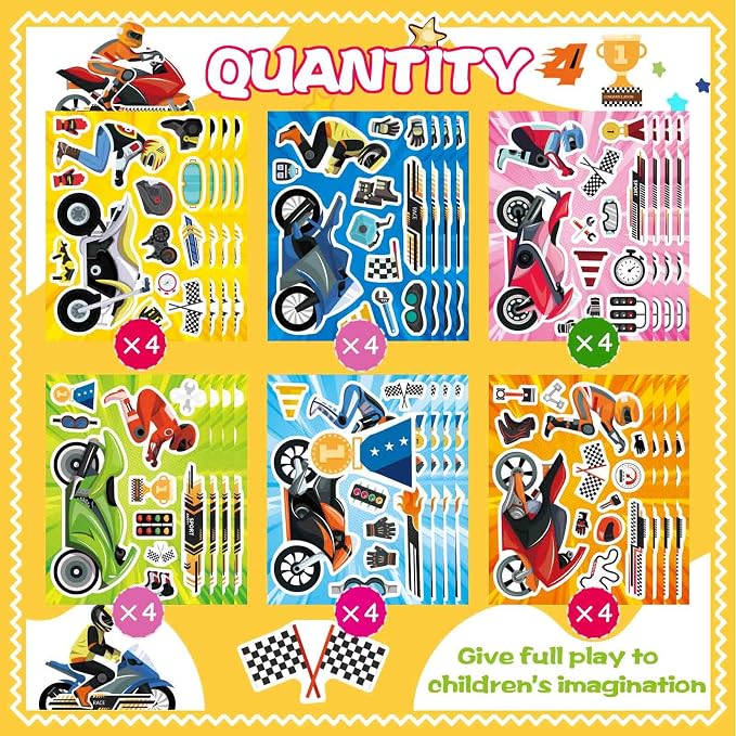 24 Sheets Motorcycle Stickers for Kids, Make a Motocross Face Sticker, Make Your Own Dirt Motobike Stickers for Kids Party Favor Birthday Party Supplies Crafts