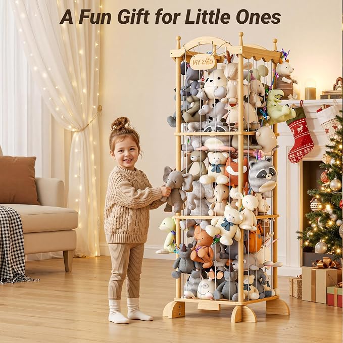COSYLAND Stuffed Animal Storage Organizer for Kids Room - Large Pine Wood Plush Toy Holder with Elastic Cords & Nameplate - Cute Castle Toy Zoo for Toddler Room & Corner (Colorful Chain)