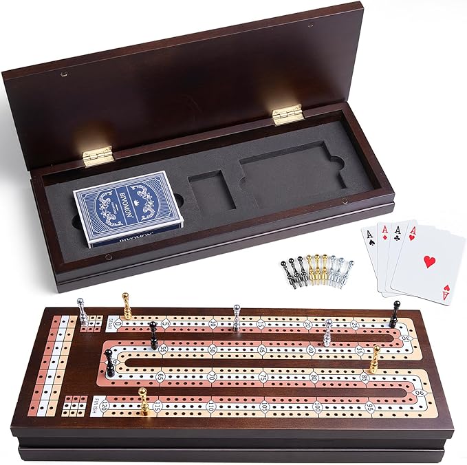 BIVOMON Wooden Cribbage Board Game Set with Large Storage Area, 3 Track Cribbage Board, 9 Metal Pegs｜2 Playing Cards｜Magnetic Lock, Family Travel Portable Tabletop Game for Adults & Kids (Instruction)
