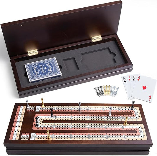 BIVOMON Wooden Cribbage Board Game Set with Large Storage Area, 3 Track Cribbage Board, 9 Metal Pegs｜2 Playing Cards｜Magnetic Lock, Family Travel Portable Tabletop Game for Adults & Kids (Instruction)