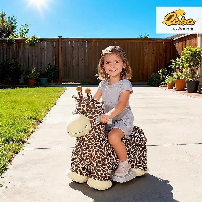 Qaba 6V Kids Ride On Horse, Battery Powered Ride on Toy, Giraffe Shaped Electric Riding Animal with Washable Plush Cover, Music, PU Wheels, Foot Pedal, Forward, for Girls Boys Aged 1.5-5 Years, Brown