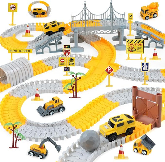 Construction Race Tracks Toys for Kids - 330+ PCS Track Play Set with Cars and Construction Trucks, Best Birthday Gifts for 3 4 5 6 7 Year Old Boys, Flexible DIY Engineering Building Set
