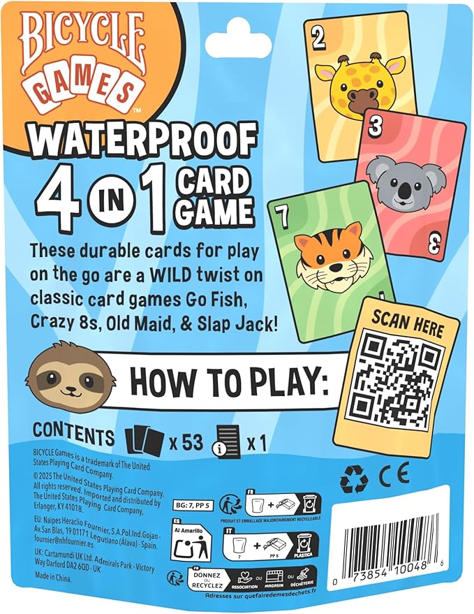 Bicycle Waterproof 4‑in‑1 Card Games Set – Durable Plastic Playing Cards Deck for Go Fish, Slap Jack, Crazy Eights & Old Maid, Family Travel Game Pack, Washable, Kid‑Friendly & Outdoor‑Ready