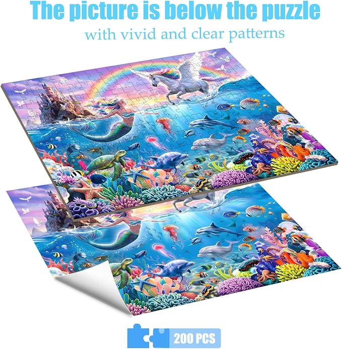 Puzzles for Kids Ages 6-8 8-10 Year Old - Mermaid Unicorn Puzzle for,200 Piece Jigsaw Puzzle for Learning Educational Puzzles Toys for Boys and Girls