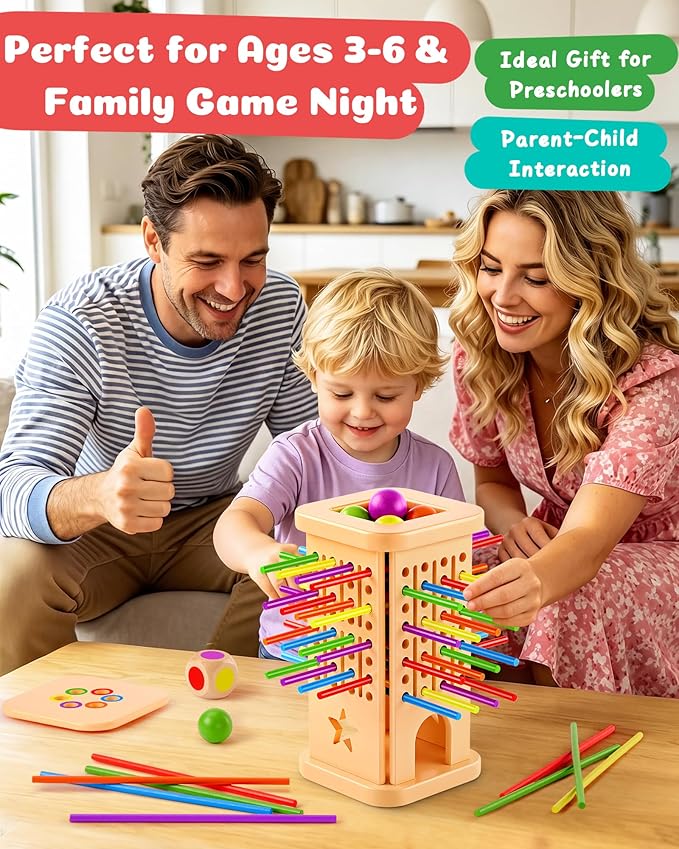 Montessori Wooden Board Games for Kids Ages 4-8, 36 Wooden Sticks Game, Color Matching Board Games for Kids 4-6, Fine Motor Skills Toy Montessori Toys for 3 4 5 6 Year Olds, Gift Boys Girls Family