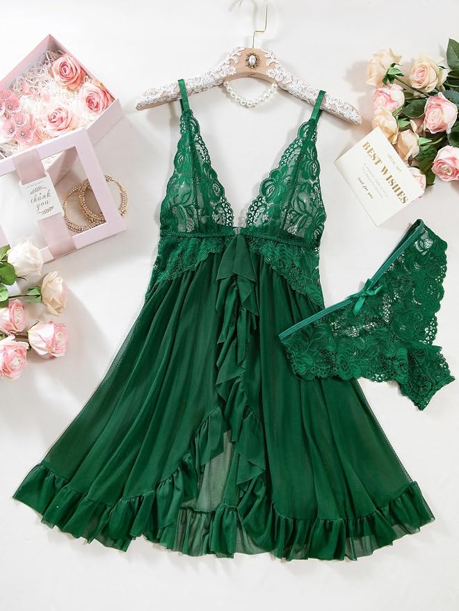Foxiny Sexy Open Front V Neck Ruffle Sheer Mesh Lace Wireless Babydoll Lingerie Dress with Thong 2 Piece