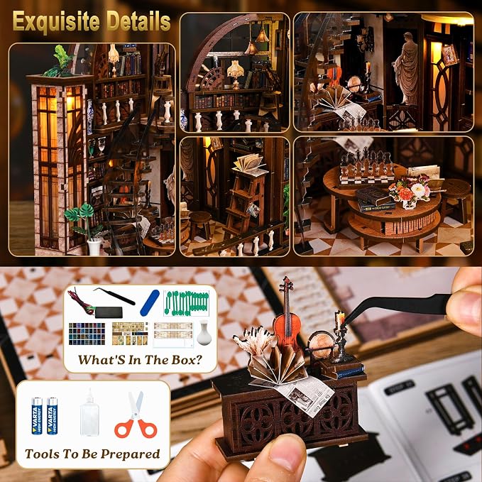 DIY Miniature House Kit, 3D Wooden Puzzle for Adults, Book Nook Kit with Touch LED Light, Library Bookshelf Insert, Creative Hobby Craft Gift for Bibliophiles (Bacchus Bookstore)
