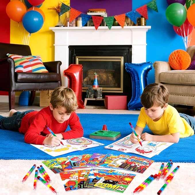 BenLouis 12 Hero Mini Coloring Books Kids with 12 Stacking Crayons Hero Party Favors Small Activity Books Bulk for Kids Hero Party Gift Goodie Bag Stuffers
