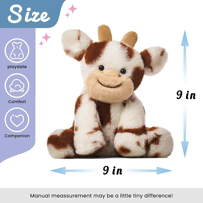 Hopearl Adorable Plush Cow Toy Floppy Dairy Cattle Soft Stuffed Animal Cute Birthday Holiday Gift for Boys Girls Kids Toddlers, Dark Brown, 9''