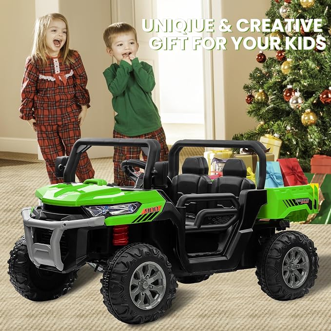 24V 4WD Ride on Truck Car w/4X200W Motor, Dump Bed, Gift Flower, 2 Seaters, Remote Control, 4 Wheeler, LED Light, Music, 24 Volt Ride on Toys for Big Kids Girls 3-8, Green