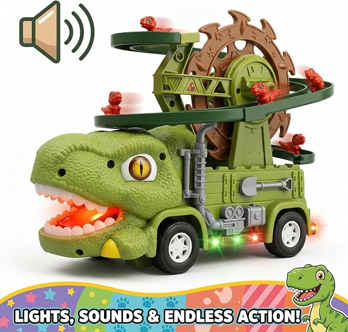 Dinosaur Truck Toy For Kids Ages 3 4 5 6 7 8, 3-in-1 Dinosaur Truck, 3 Sliding Little Dinos On Tracks , & Glow in Dark Mode. Includes Obstacle Detection For Continuous Play And Endless Adventure.