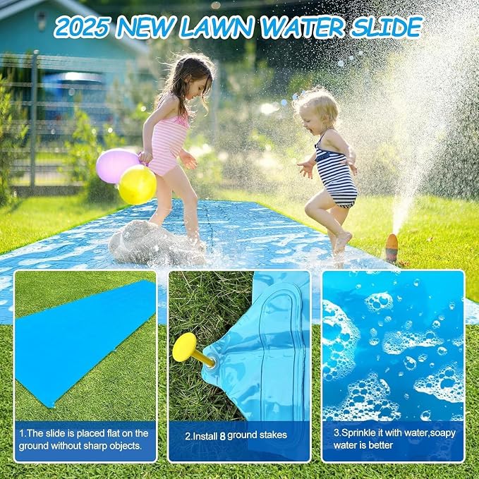 Slip Water Slide, 30FT Extra Long Heavy Duty Slip Lawn Water Slide for Kids Adults with 2 Bodyboards, Slip Water Slides for Kids Backyard Garden Summer Outdoor Water Toys Party Play