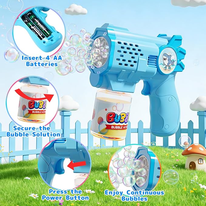 EagleStone Bubble Guns Machine for Toddlers, Automatic Light Up Bubble Blower with 4 Pre-Filled Bubble Solution, 10,000 Bubbles/Minute, Outdoor, Birthday, Easter, for Boys and Girls 3+