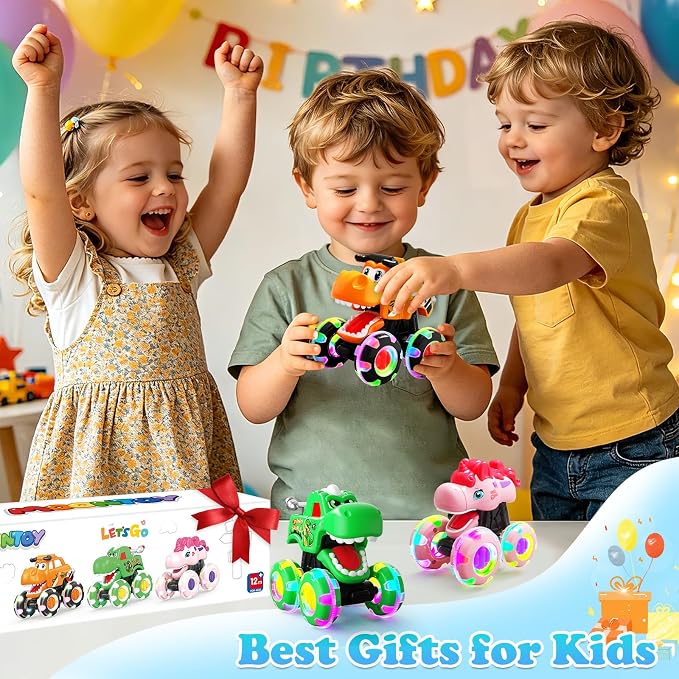 3 Pack Monster Truck Toys for Toddlers 1-3, Press & Go Cars with Flashing LED Wheels & Moving Mouth, Dinosaur Cars for 2 3 4 One Two Year Old Boy Birthday Gifts