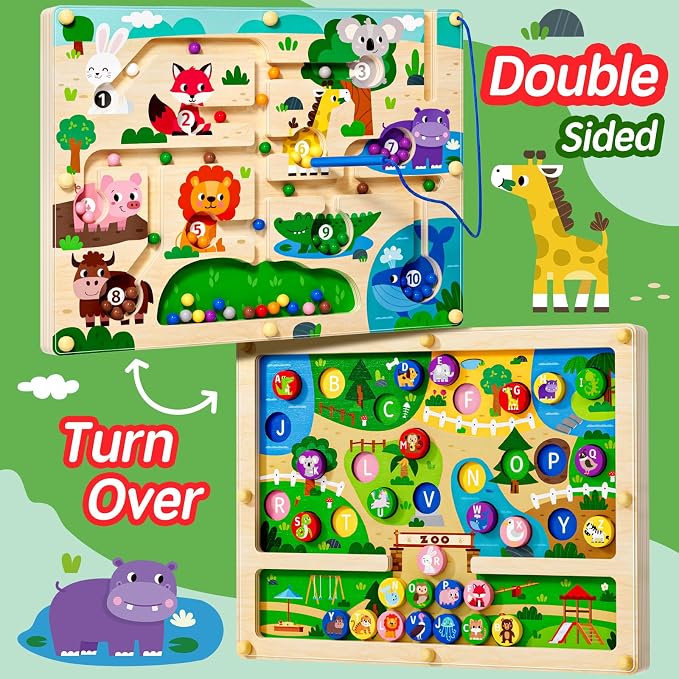 Magnetic Maze 2 in 1 Double Side Color and Number Maze Alphabet Puzzle Board for 3-5 Boys and Girls Kids Montessori Educational Toys (Zoo, One Size)