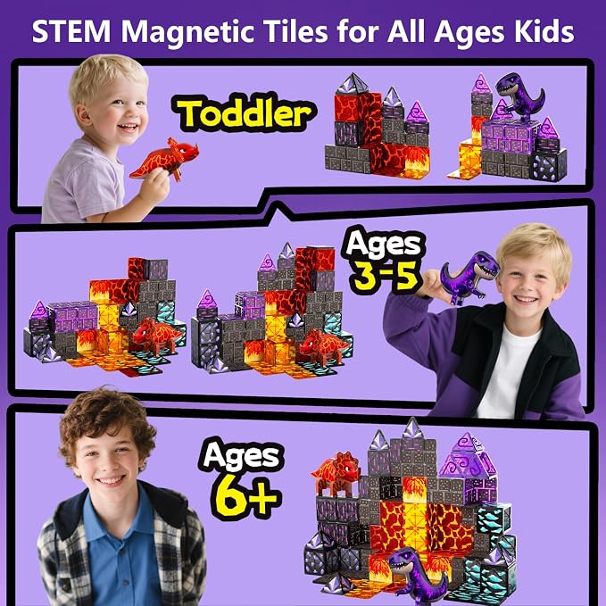 GobiDex Dinosaur Toys Magnetic Tiles Lava Cave Dinosaur World Set - Magnetic Building Blocks for Kids 3-5 5-7 Girls Boys Toys Age 4-6 6-8, STEM Sensory Toddler Birthday Gifts for 3+ Year Old Kids Toy