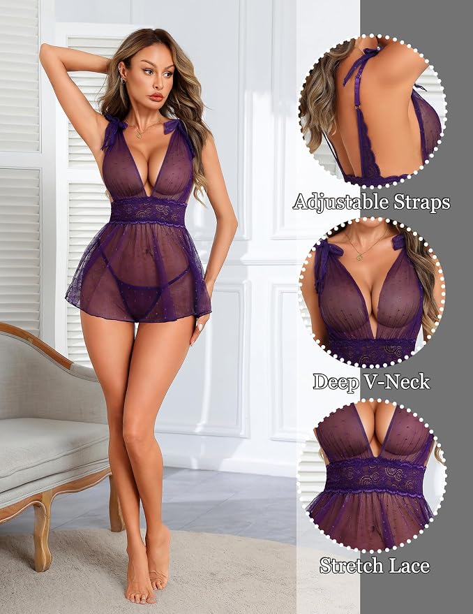 ADOME Sexy V Neck Polka Dots Sheer Lace Babydoll Lingerie Set Mesh Nighty Sleepwear