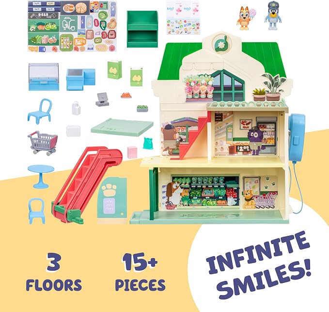 Bluey and Bingo Supermarket Playset with Escalator, Pretend Play Toys for Toddlers, Sounds and 15 Pieces, Bluey Grocery Store Playset
