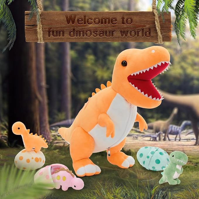MorisMos Dinosaur Stuffed Animal with Babies,23.6'' Big Mommy Stuffed Dino T Rex with 3 Baby Dino Stuffed Toys & 3 Eggs Plush Inside Belly, Boy Girl Dinosaur Toys for Kid 3-5,Orange T Rex Toys Gift