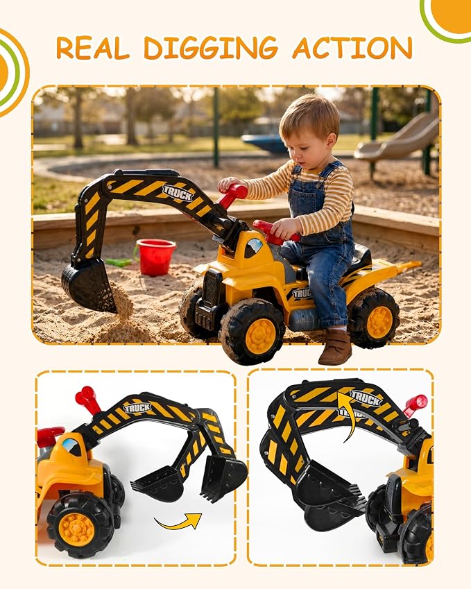 Kids Excavator Ride On Toys for Boys and Girls 2+ Years, Foot-to-Floor Ride On Excavator with Sounds, Steering Wheel, Storage, Toy Hard Hat and 3 Rocks