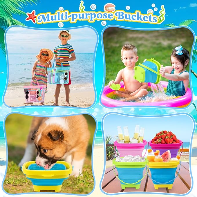 Collapsible Beach Buckets for Kids, 4 Packs Foldable Sand Buckets and Shovels with Mesh Beach Bag, Silicone Sand Pails for Toddlers Beach Toys, Easter Egg Hunt, Camping, Travelling, Fishing Water Pail