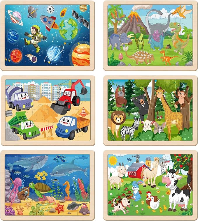 Wooden Puzzles for Kids Ages 3-5, 6 Packs 24 PCs Jigsaw Puzzles Preschool Educational Brain Teaser Boards Toys Gifts for Children, Wood Puzzles for 3 4 5 6 Year Old Boys Girls