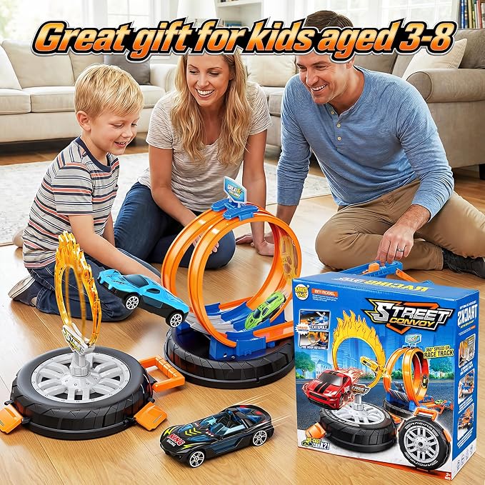 2026 Race Car Track Set Toy for Kids, Stunt Racing Playset with 360° Loop Car Track and Four 1:64 Scale Vehicles Gift Toys for Boys Girls Ages 3 4 5 6 7 8 (Standard)