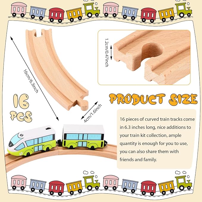 Liliful Pack of 16 Wooden Train Tracks Expansion Pack Male-Male Female-Female Train Track for Most Wooden Railway (Curved)