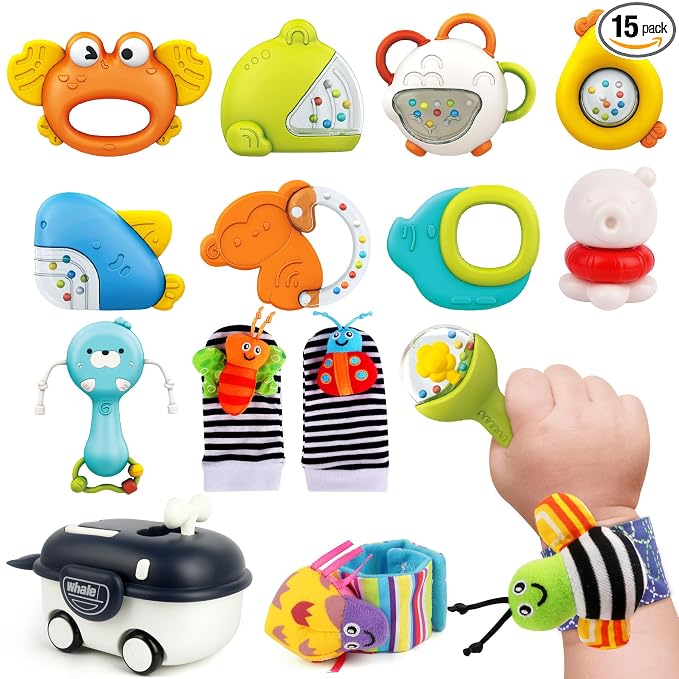 Vanmor Baby Rattles 0-6 Months | Sensory Toys for Infants 6-12 Month, Wrist Rattle Socks, Foot Finder & Teething Toys | Teether Grasping Shaker for Newborn, Must Haves Montessori Baby Shower Gifts