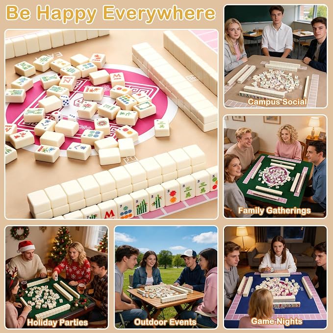 166 American Mahjong Tile Set with Storage Bag & Dice, 1.2" Mini White 3D Engraved Melamine Mahjong Tiles for Adults, Friends and Family Game Night, Travel Size Chinese Game Gifts