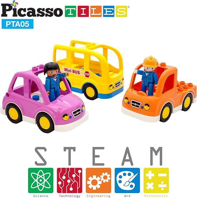 PicassoTiles Vehicle and Action Figure + Activity Center Play Table, Magnetic Pretend Playset, School Bus, Car, Truck, Drivers, Study Desk Sandbox Water Tight Storage All-in-1 331pc Blocks Marble Run