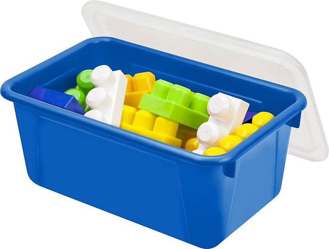 Storex Small Cubby Bins – Plastic Storage Containers for Classroom with Non-Snap Lid, 12.2 x 7.8 x 5.1 inches, Blue, 5-Pack (62408A05C)