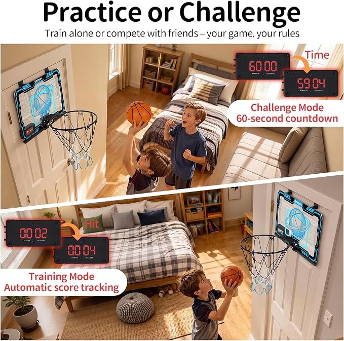 BELEEV Indoor Mini Basketball Hoop with LED Lights, Electronic Scoreboard & Sounds, Over The Door Basketball Hoop for Kids, Ball & Pump Included, Indoor Sports Toy Gift for Boys Girls Ages 4-12 (Blue)