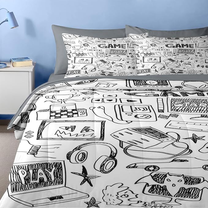 Nesker 7 Pcs Comforter Set Queen Size, Computer Games Doodles Bedding for Kids Teen, Gamer Gaming Black with Fitted Sheet 2 Pillowcases & 2 Shams for Bedroom Bed Decor