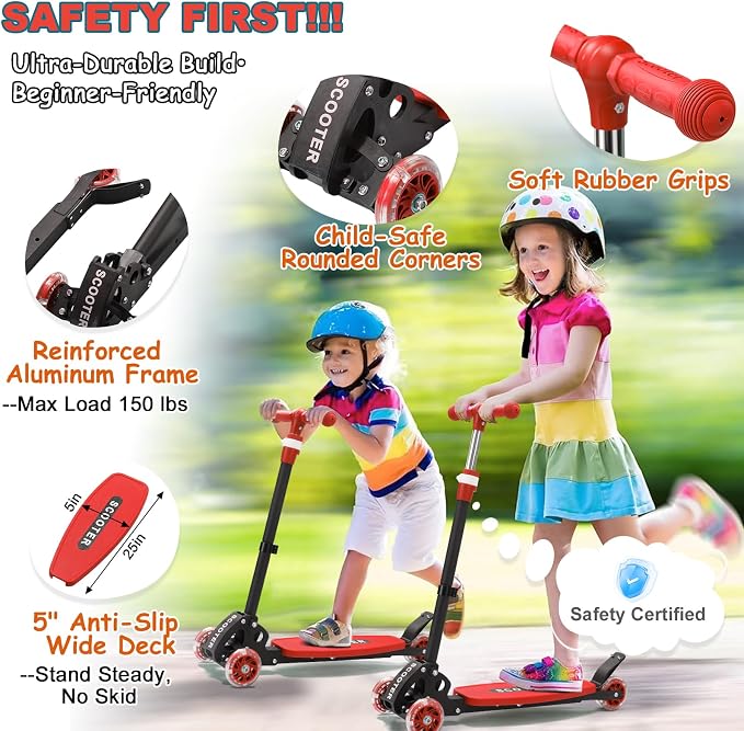 Kids Kick Scooter, Kick Scooter for Kids 2-7 Age, Light up 3 Wheels Kick Scooter, Heavy Duty Folding Lean-to-Steer Scooters with 3 Adjustable Handlebar for Boys Girls Blue
