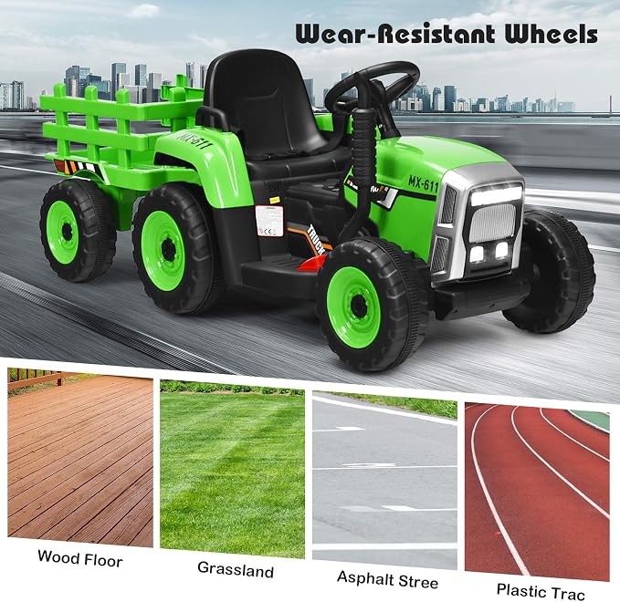 HONEY JOY Ride On Tractor with Trailer, Toddler 3-Gear-Shift Ground Loader, LED Lights, Horn, Music, 12V Battery Powered Electric Toy Tractor with Remote Control (Green)